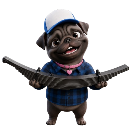 Mascote Zara da CMS segurando um Feixe de mola para transbordo e agrícola